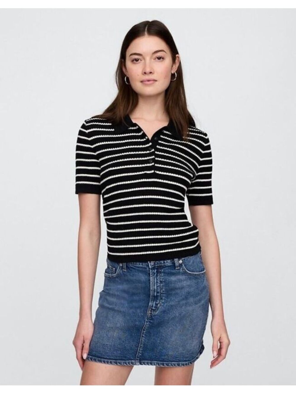 Gap Ribbed Polo Sweater Black White stripe